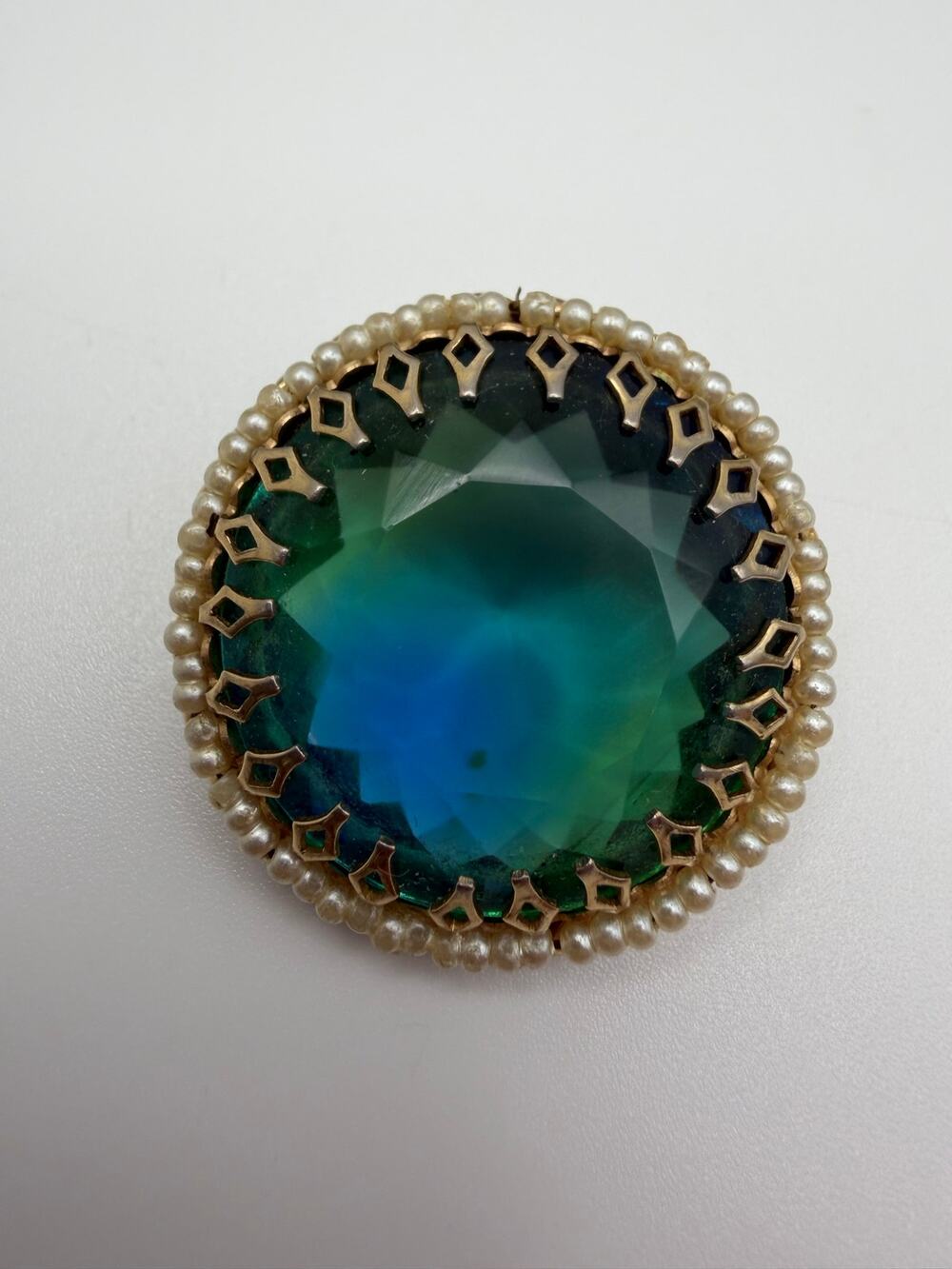 Vintage 1950s Czech Glass Brooch Green gemstone and Gold plated statement brooch